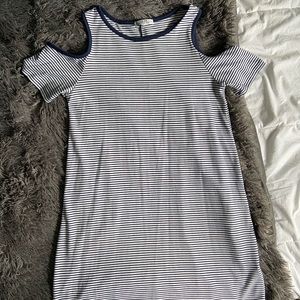 Off the Shoulder Navy Striped T-shirt Dress